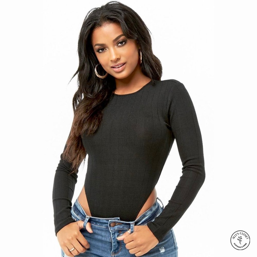 Forever 21 Black Ribbed Knit Thong Bodysuit